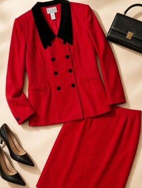 Vintage SuitsMe Skirt Suit Set Womens Size 20W Red Black Career Office Power